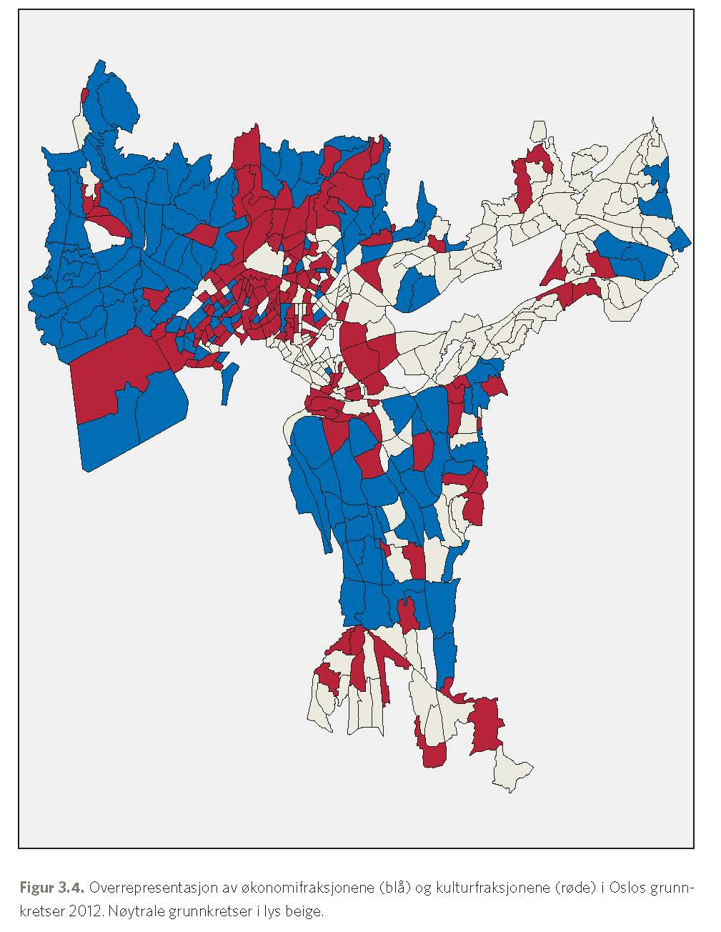 Loe's Alien-figur: Bildet viser et kart over overrepresentasjon av økonomifraksjonene (blå) og kulturfraksjonene (røde) i oslos grunnkretser 2012. Kilde: Oslo - ulikhetenes by.